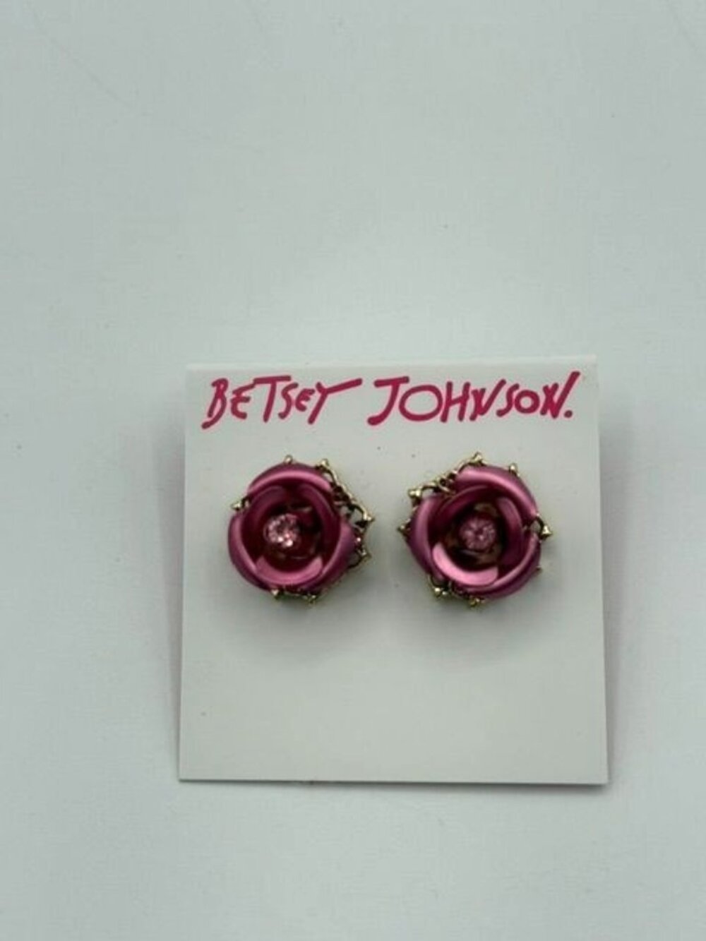 NEW Betsey Johnson Pink & Gold Tone Rhinestone Rose Stud Earrings
